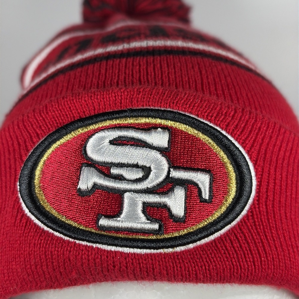 New Era San Francisco 49ers Red knit NFL Removable Pom Pom Beanie Hat - Picture 3 of 12